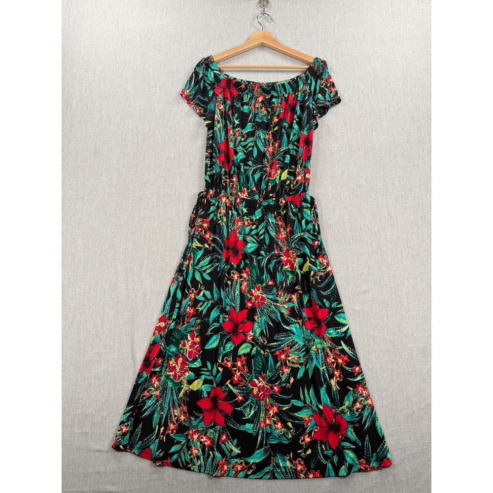 GILI Tropical Floral Off The Shoulder Midi Dress Black Red Green‎ A306106 Medium